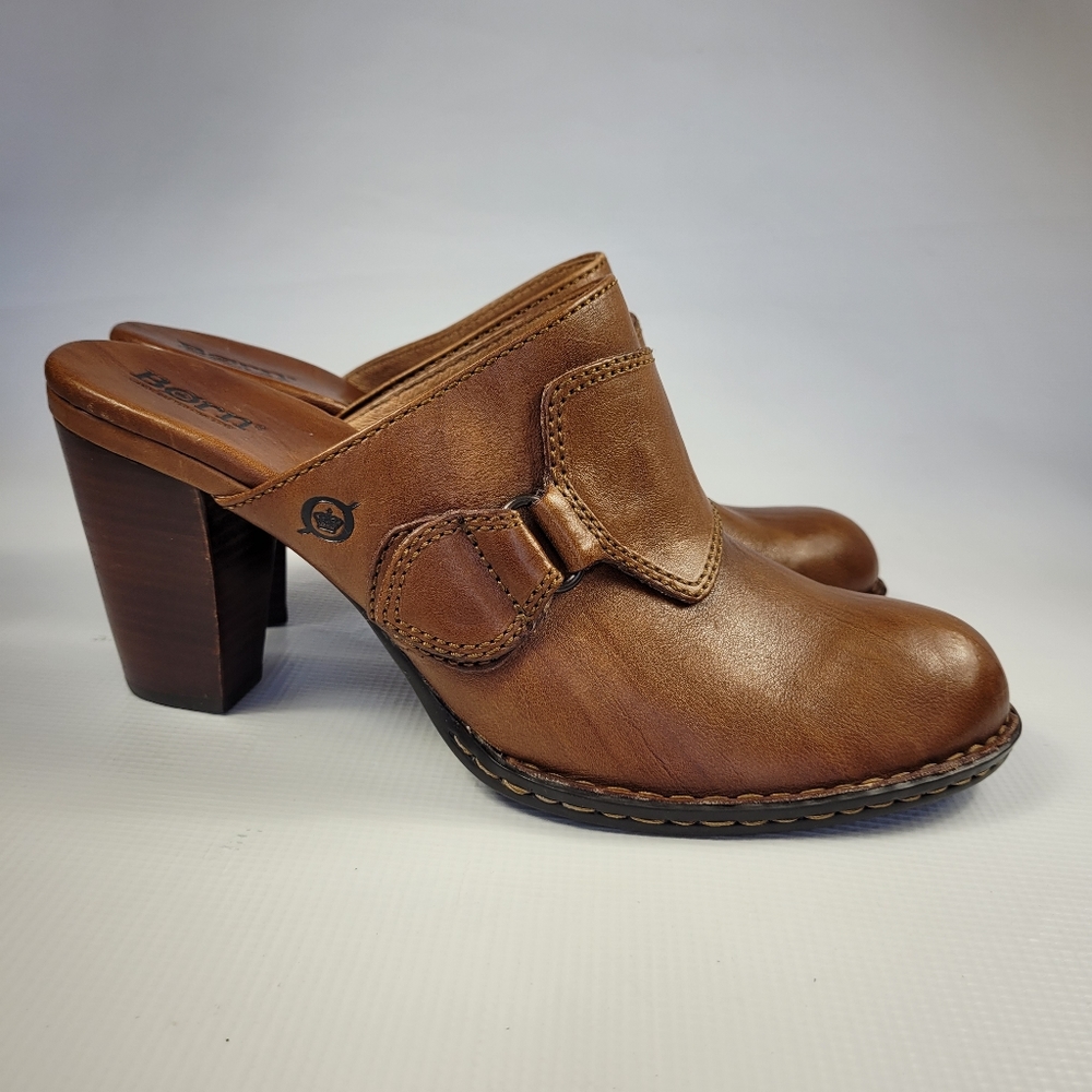 Born Handcrafted Women's Brown Leather SlidesMule Clog Chunky Heel Size 10